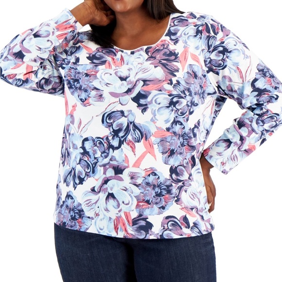 Karen Scott Womens Ribbed Printed Long Sleeve Crew Neck Blouse Top Blue Size Petite Xl main image 1